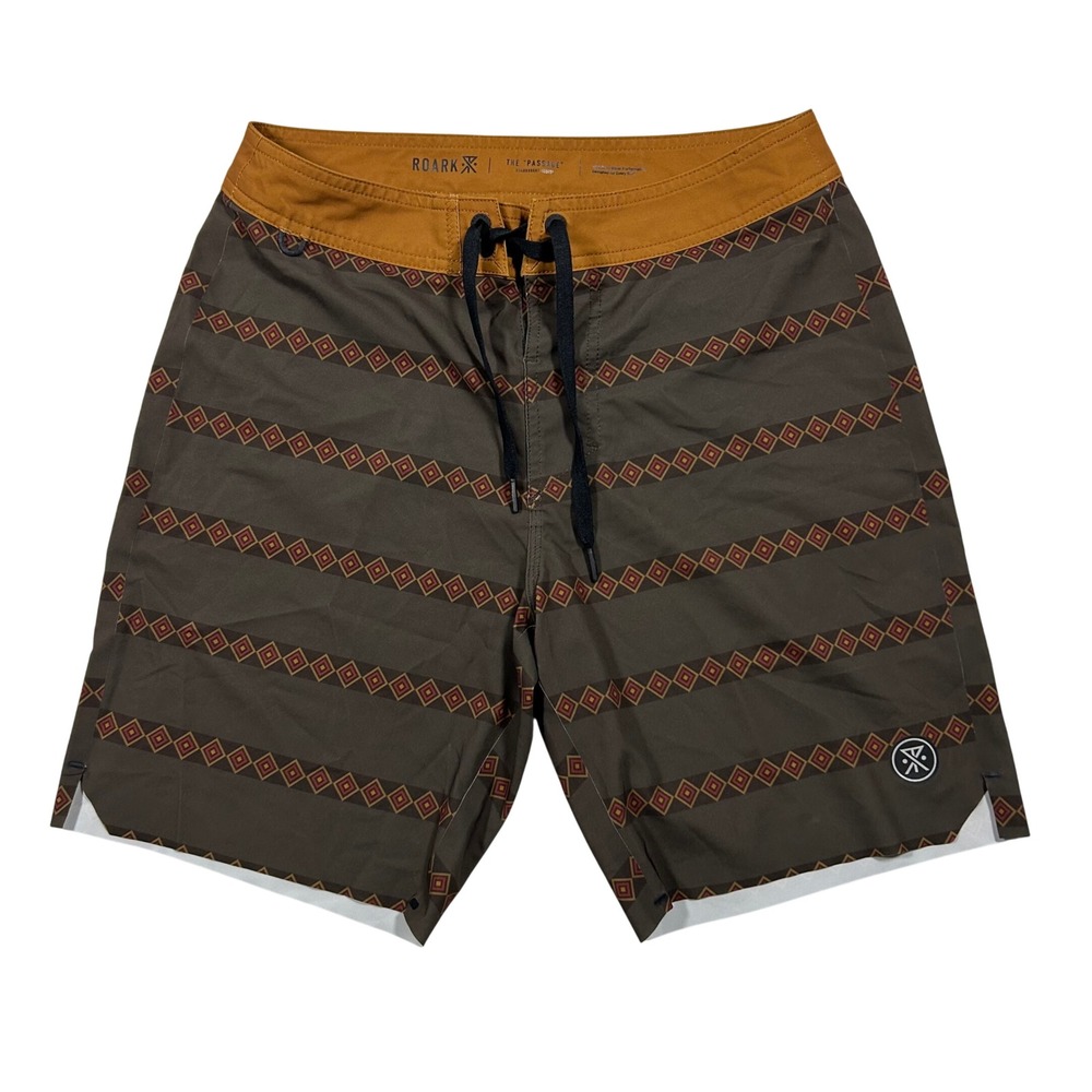 Roark The Passage Boardshorts Mens 28 Brown Geometric Stripe Stretch Swim Trunks